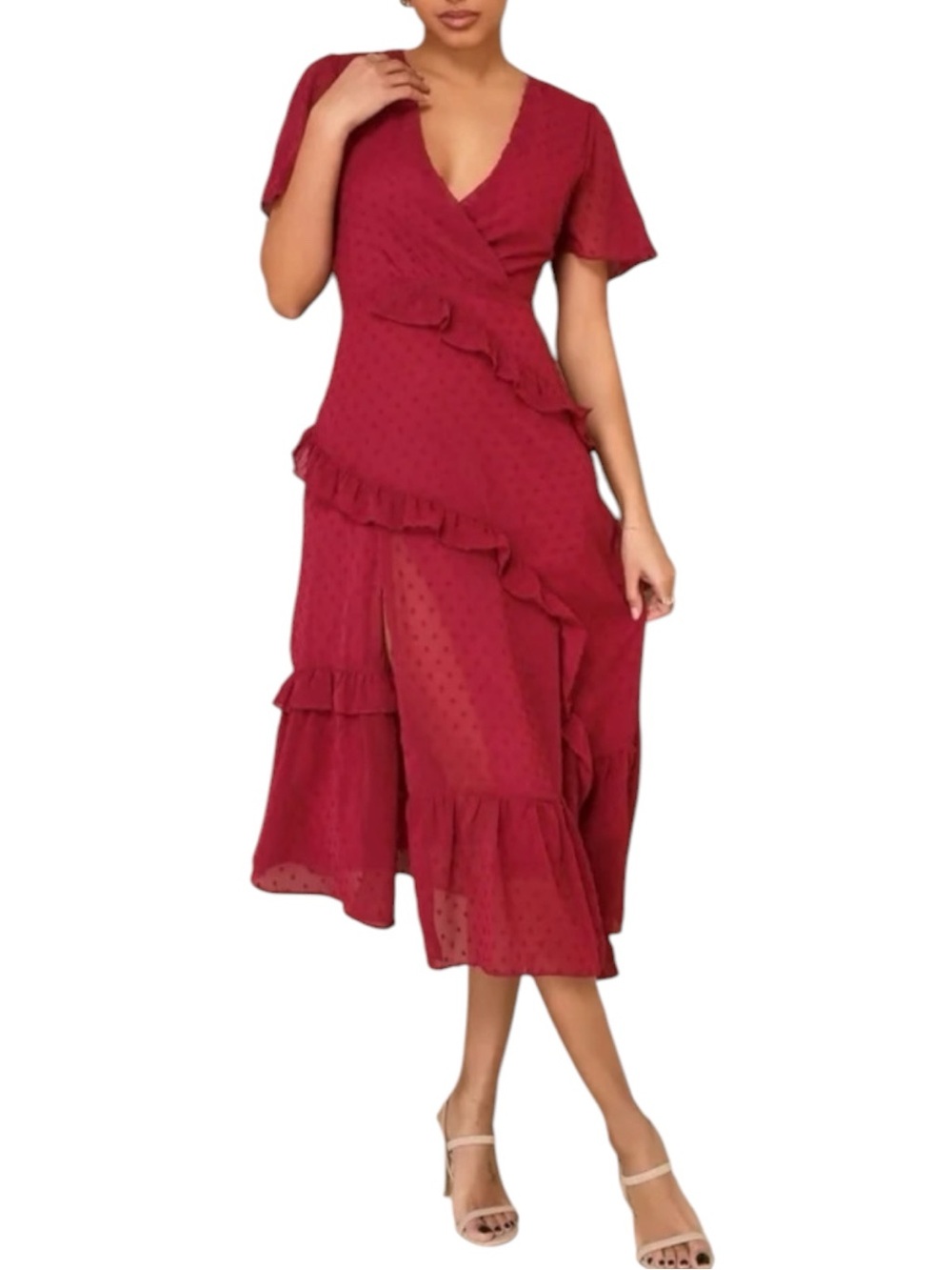 LULU’s “Next to You” Swiss Dot Ruffled Midi Dress in Burgundy Size XL — NWT
